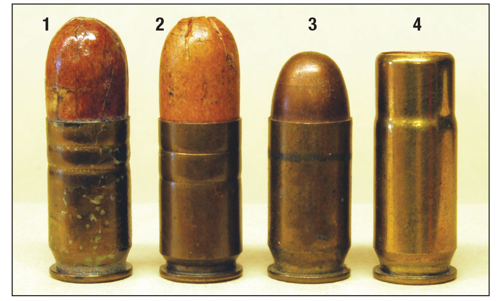 A Remington M12 .45 ACP shot cartridge packed in survival kits (1), one of Evansville Chrysler’s five million duplicate rounds (2), a ball load showing shot rounds would not fit in a pistol magazine (3) and a Remington extended case cartridge that would (4).